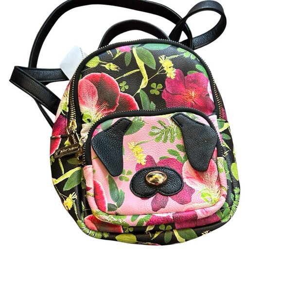 Betsey Johnson Mini Backpack Purse Bag Puppy Dog Floral Black Boho Y2K Preppy - Picture 1 of 12